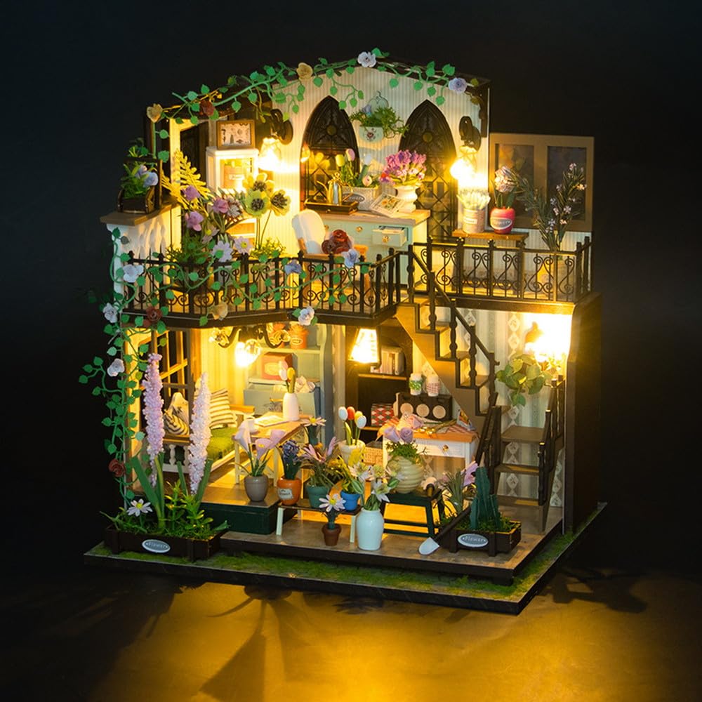Moin Moin Dollhouse Miniature Handmade Kit Set Scale Antique Retro Flower Shop Cafe Coffee Shop Plant LED Light Acrylic Case Music Box 2408dh428 1/24