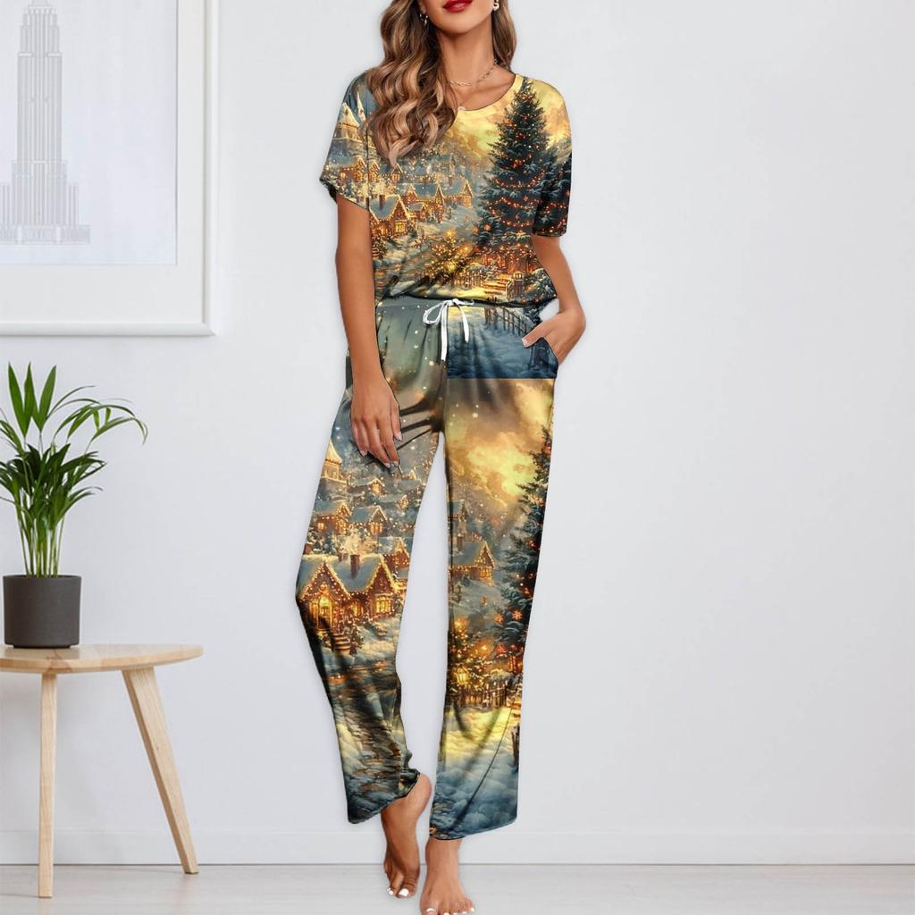 Women's Ice Silk Satin Christmas Print Pajama Set Short Sleeve Shirt And Long Pajama Pants Set Soft Home Clothes