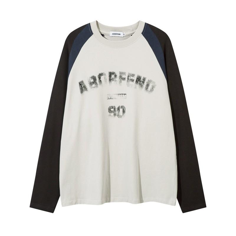 Unisex Oversized Campus Style Long Sleeve Tee With Contrast Color Panel Abstract Print