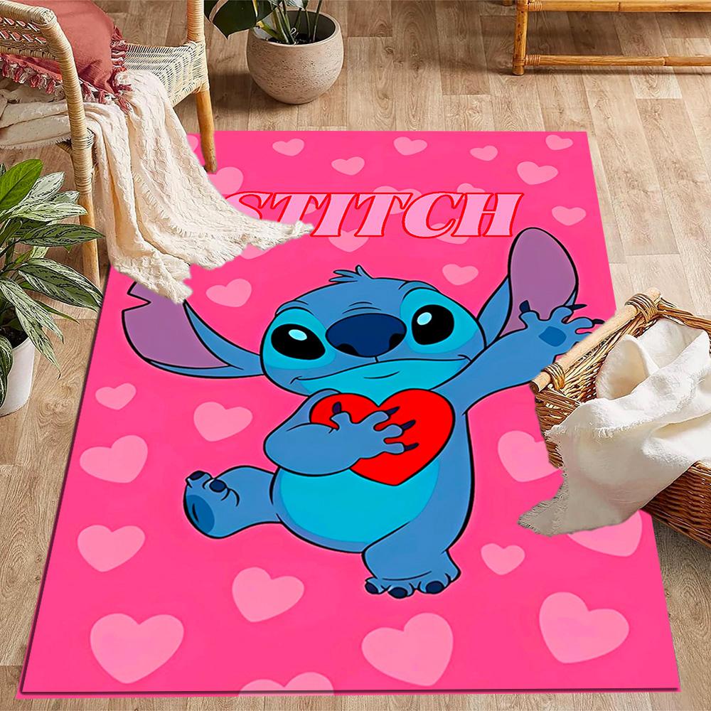 Pink Stitch Heart Background Disney Cartoon Theme Anti-Slip Rug - Polyester, Home Decor, Suitable for Bedrooms, Living Rooms, Doorways, and Studios