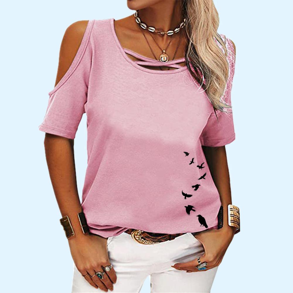 Женская мода круглый вырез короткий рукав топ женская летняя повседневная футболка с открытыми плечами цветочный принт