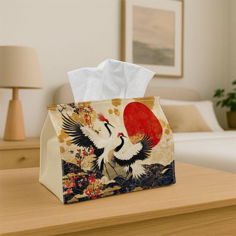 1pc Japanese Oriental Crane- Decorative Tissue Box, Red Sun Birds Traditional- Suitable for Home, Parties, Cars, Kitchens& Bathrooms- Tissue Holder fo