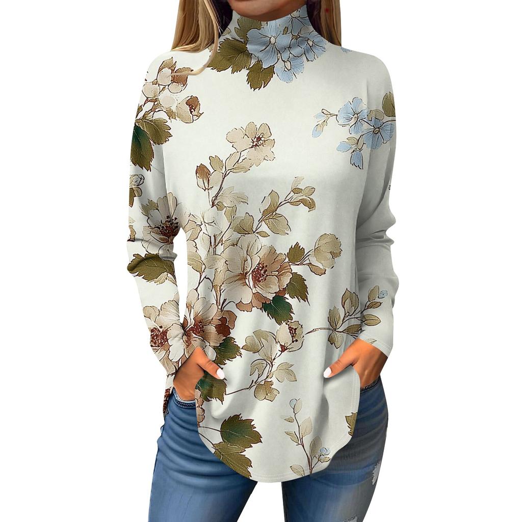 Женская модная повседневная футболка с длинным рукавом с высоким воротом и принтом, пуловер, топ