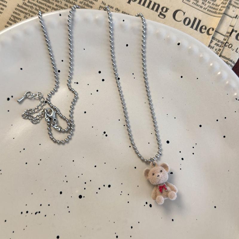 Cute Cartoon Flocked Bear Pendant Necklace Women's Accessories Light Luxury Niche Collarbone Chain Versatile High-end Sweater Chain
