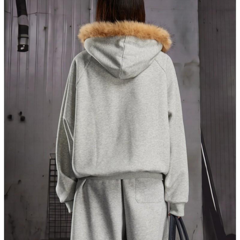 Mens Hooded Zip-Up Sweatshirt With Retro Letter Print Faux Fur Trim Casual Winter Outerwear