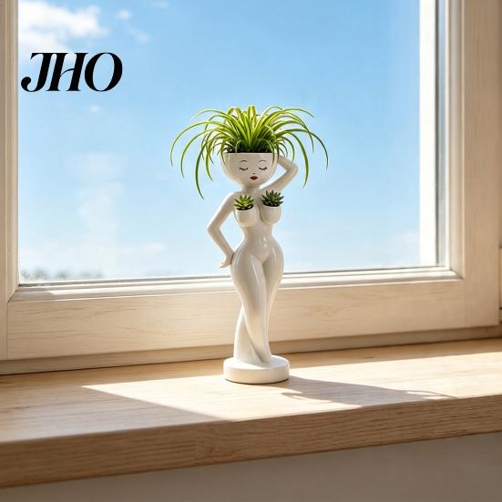 Layered Green Plant Landscape Pot Funny Female Figure Planter with Drainage Holes, Elegant Lady Flower for Unique Resin Flowerpot Succulents