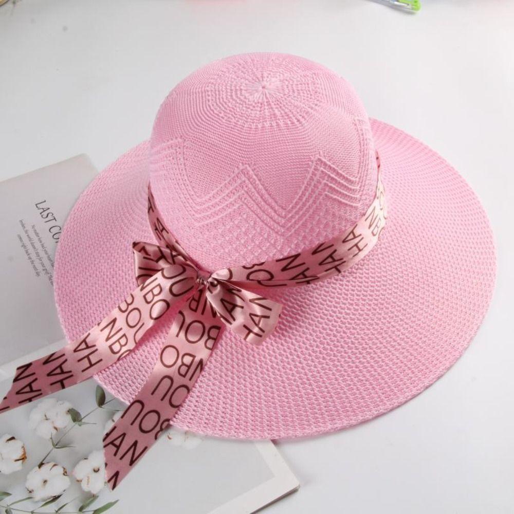 New Summer Women Sun Hat Casual Fashion Bowtie Fisherman Hat Straw Hat with Bow Ribbon Travel Beach Hat