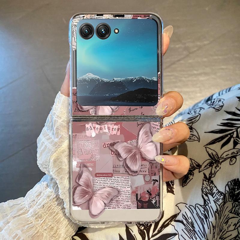 Чехол для телефона с узором «Цветы и бабочки» для Motorola Razr 60 Ultra Razr 50 40 Ultra 60 50 40, прозрачный, противоударный, жесткий ПК, складная крышка