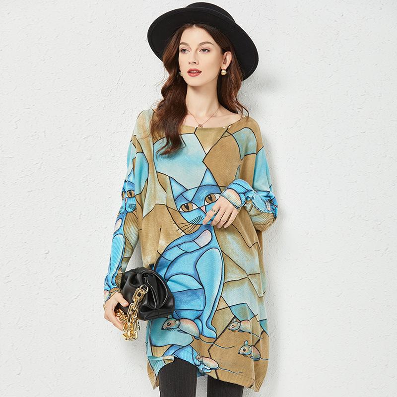 Весенне-осеннее женское вязаное платье, свитер с животным принтом, повседневный пуловер, топ больших размеров, свободный вязаный свитер