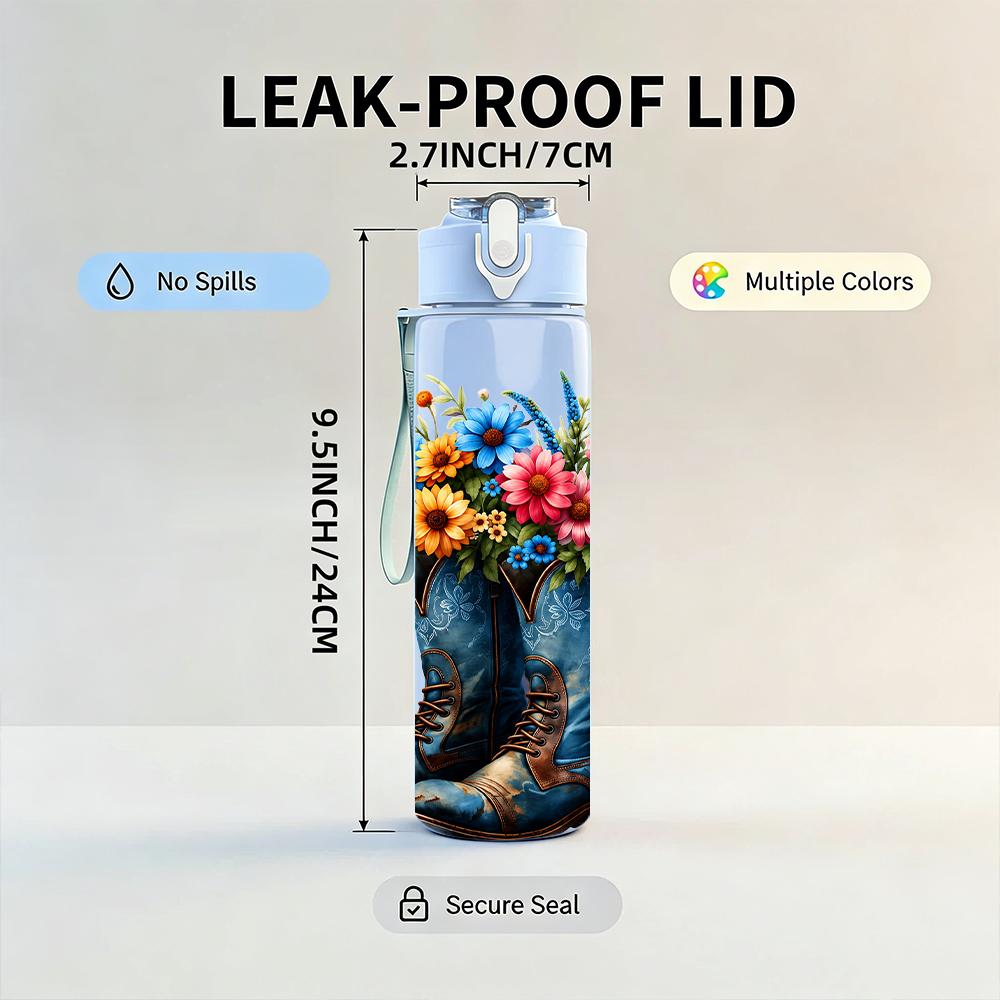 1PC Cowboy Boot Wildflower Bouquet 750ml Color Plastic Sports Water Bottle Leakproof Flip Straw Lid Suitable for Sports Office Home Use