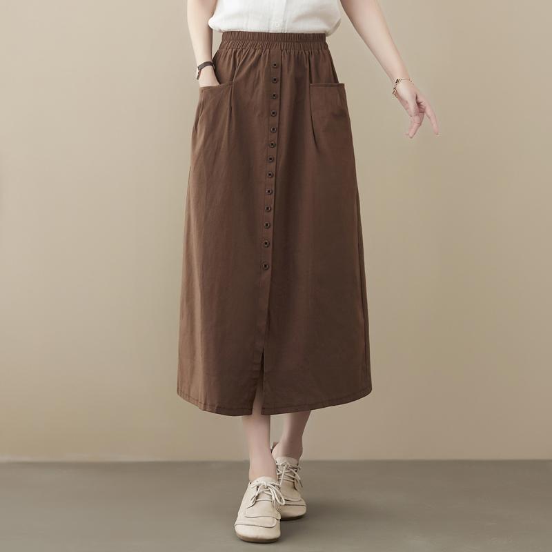 Plus Size Spring Summer Women Midi A-Line Skirt High Waist Black Khaki Coffee Buttons Skirt With Pockets Cotton Linen Simple Skirt