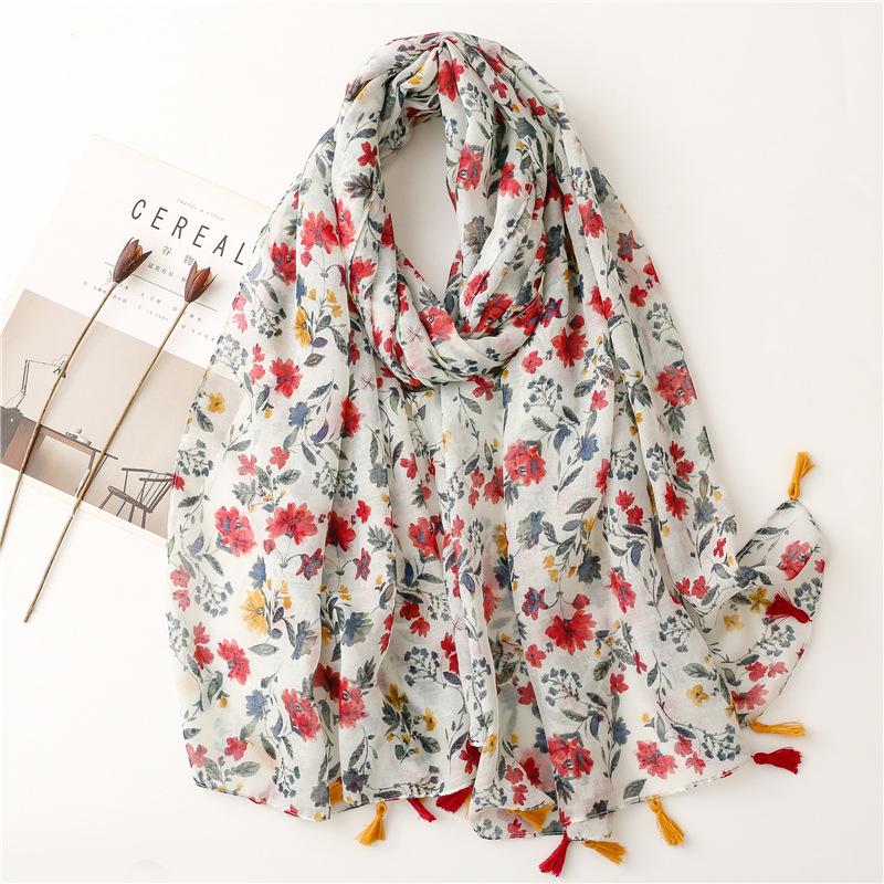 Spain Lovely Polka Floral Line Tassel Viscose Shawl Scarf Lady High Quality Wrap Thin Pashmina Stole Muslim Hijab 180*90Cm