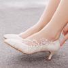 5cm Medium Heel Elegant Simple Lace Mesh Flower Wedding Shoes Pointy Toe High Heels Bridal Wedding Dress Shoes Spring and Autumn Single Shoes