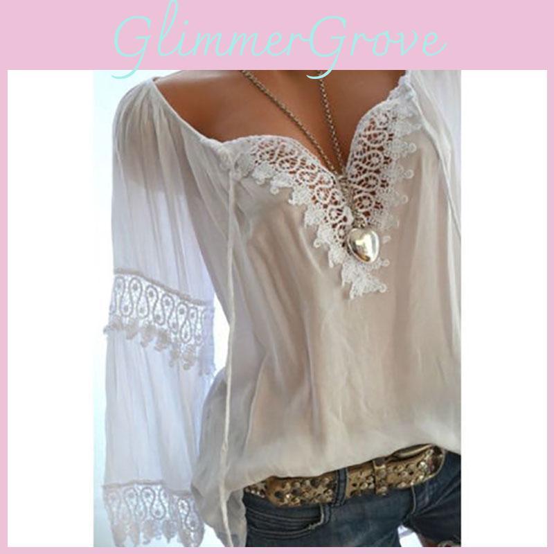 Sexy V Women Neck Long Sleeve Lace Up Shirt Casual Blouse Top Lady Loose T Shirt