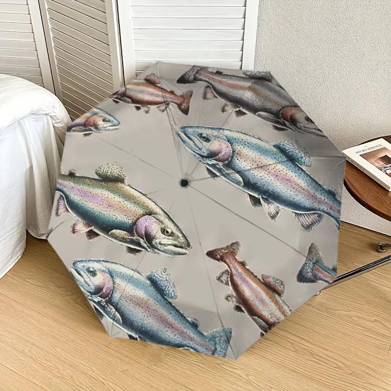 Rainbow Trout Fish Print Auto Open Close Umbrella, Portable Folding Design with 8-Bone Iron Frame, Outdoor Rain Gear for Fans, Travelers, Da