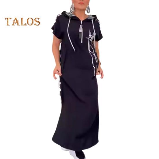 Летнее платье макси на молнии с капюшоном на шнурке с короткими рукавами Свободный подол с принтом в стиле пэчворк Повседневная повседневная одежда длинное платье