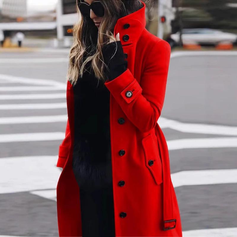 Women's Woolen Coat for Autumn and Winter, European and American Solid Color Belt, Women's Coat