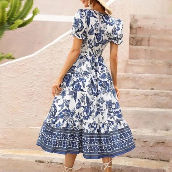 Женское платье миди с V-образным вырезом и короткими рукавами-фонариками в тон с цветочным принтом, с высокой узкой талией, трапециевидной формы, с большими качелями, для отпуска, выпускного вечера, летнего платья миди