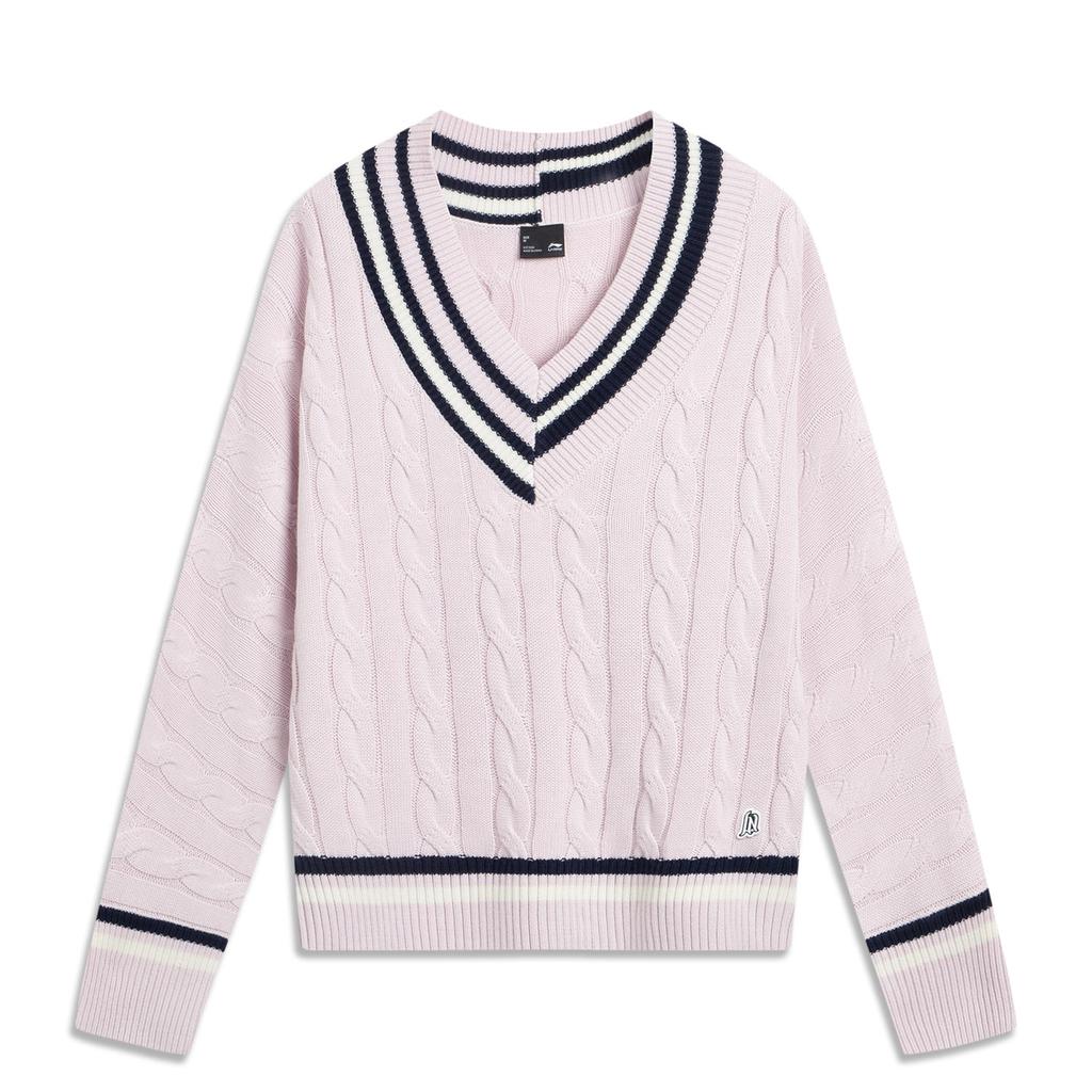 Li Ning Striped V-Neck Soft Comfortable Breathable Long Sleeve Knit Top Women Tops AMBV406-1