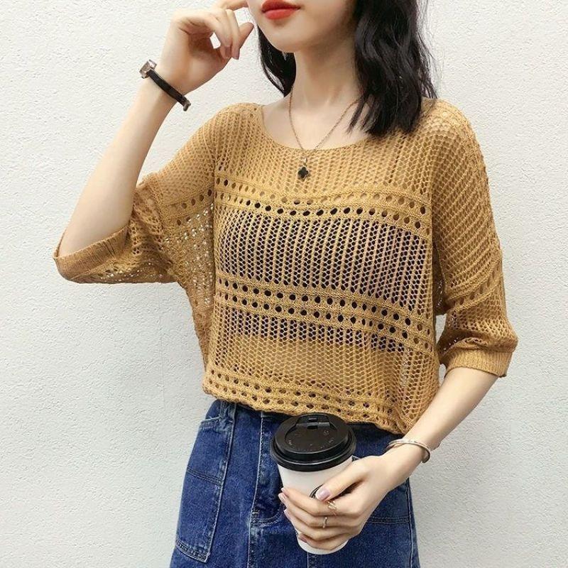 Female Hoodie Leisure, Elegant, Sexy Spring Hollow Round Neck Short Sleeve Knitted Top Summer Short-sleeved Hollowed Out Knit Shirt