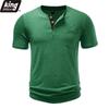 Мужская футболка-henley из меланжевого хлопка с неровной текстурой - с контрастной планкой на 3 пуговицы, нагрудным карманом, круглым вырезом, повседневная, приталенного кроя, ежедневные топы в нескольких однотонных цветах