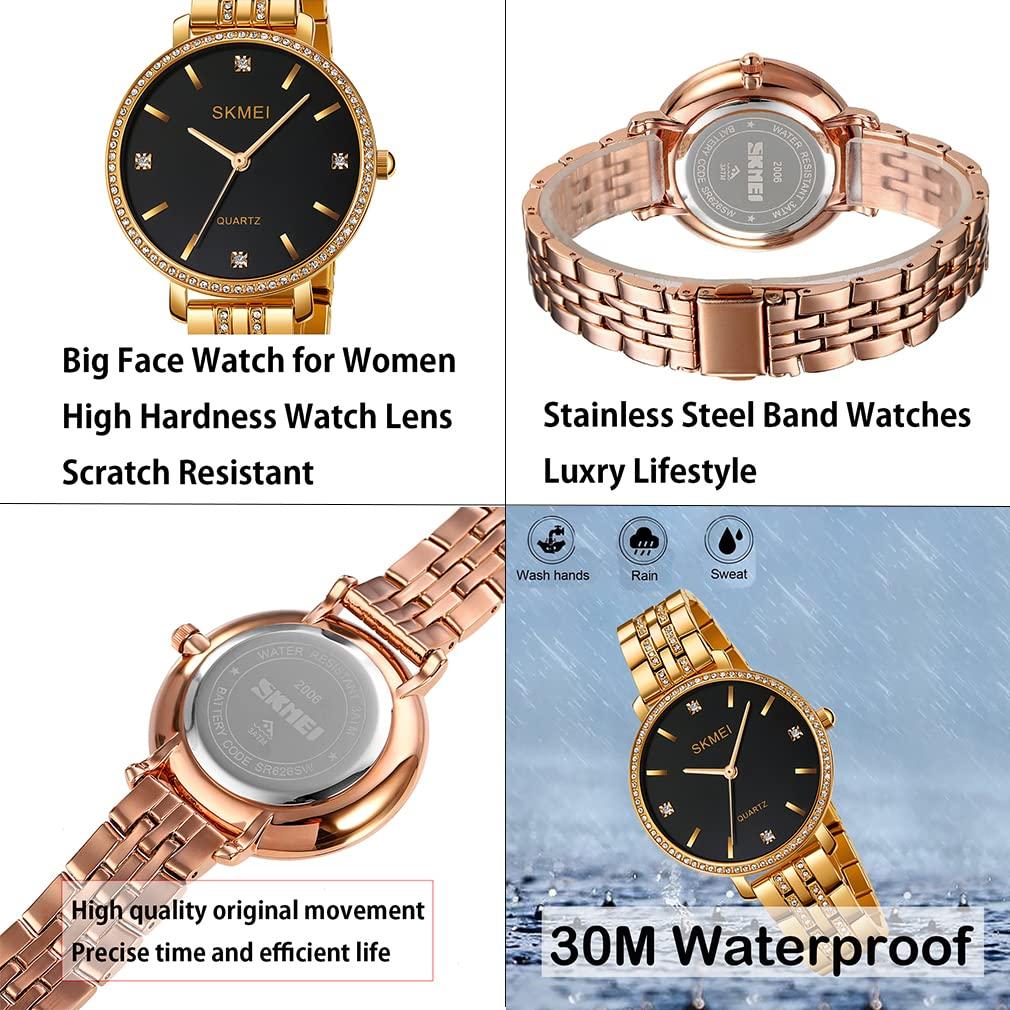 Simple and stylish wristwatch with classic large gold stainless and black Perfect for business or as a women's diamonds, design, accents, waterproof,