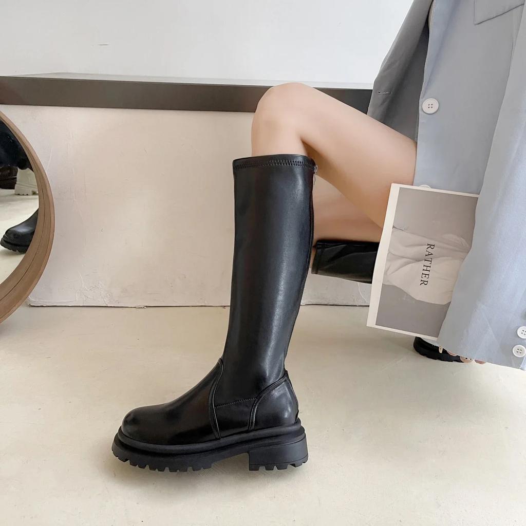 Распродажа женской обуви 2024 года, высококачественные женские сапоги с круглым носком, теплые, однотонные, средней толщины, на толстом каблуке, модные сапоги