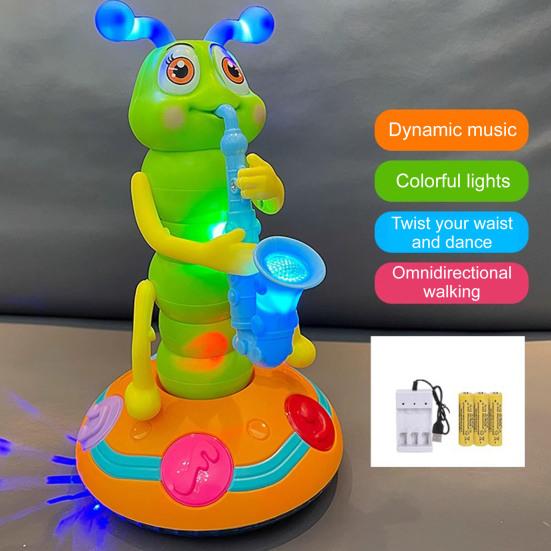 Electric Dancing Caterpillar Toy with LED Light Music Toddlers Swinging Saxophone Caterpillar Toy Boys Girls Tummy Time Interactive Crawling Toy