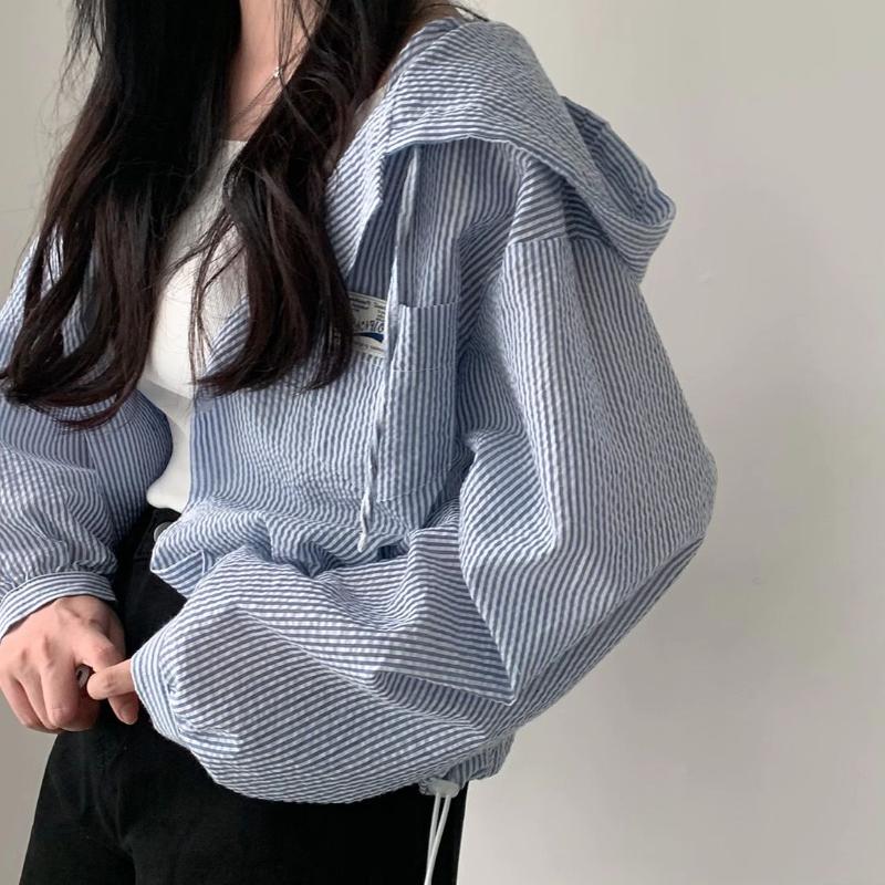 Корейский Шик Осенняя Мода Вертикальная Полоска Контрастный Цвет Капюшон Пряжка Повседневная Короткая Куртка Женская