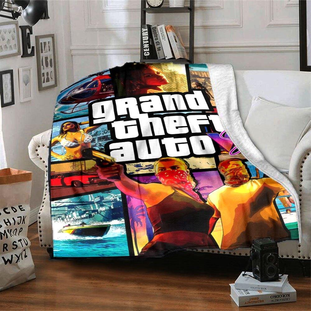 1 шт. Мягкое фланелевое одеяло Grand Theft Auto с дизайнерским принтом. Уютное одеяло для всех сезонов, идеально подходит для дивана, кровати, офиса