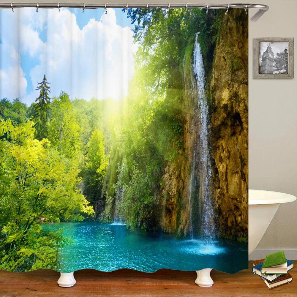 3D Natural Landscape Waterfall Forest Printed Bathroom Shower Curtain Polyester Waterproof Curtain With Hook Home Decor Curtain