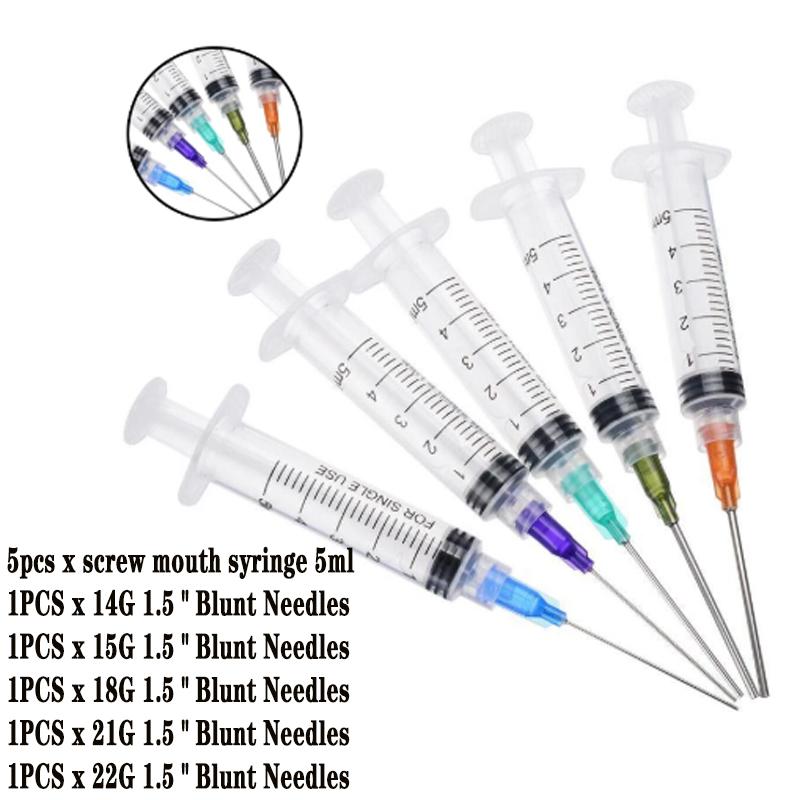 1/5 Pack 5/10ml Transparent Blunt Tip Syringe 5pcs Blunt Tip Needle & 5pcs Tip Cap sets For Industrial Tool