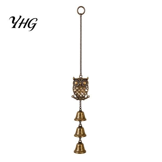Forest Theme Metal Crafts Vintage Owl Wind Chime with 3 Bells, Hollow Hanging Ornament, Delicate Grid Carving Art Retro Pendant for Garden Patio