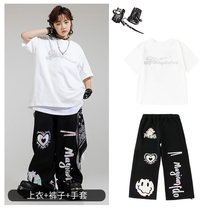 Kids Hip Hop Dance Outfit Set - White Sparkle Short Sleeve Top Black Reflective Print Pants Boys Girls Performance Streetwear