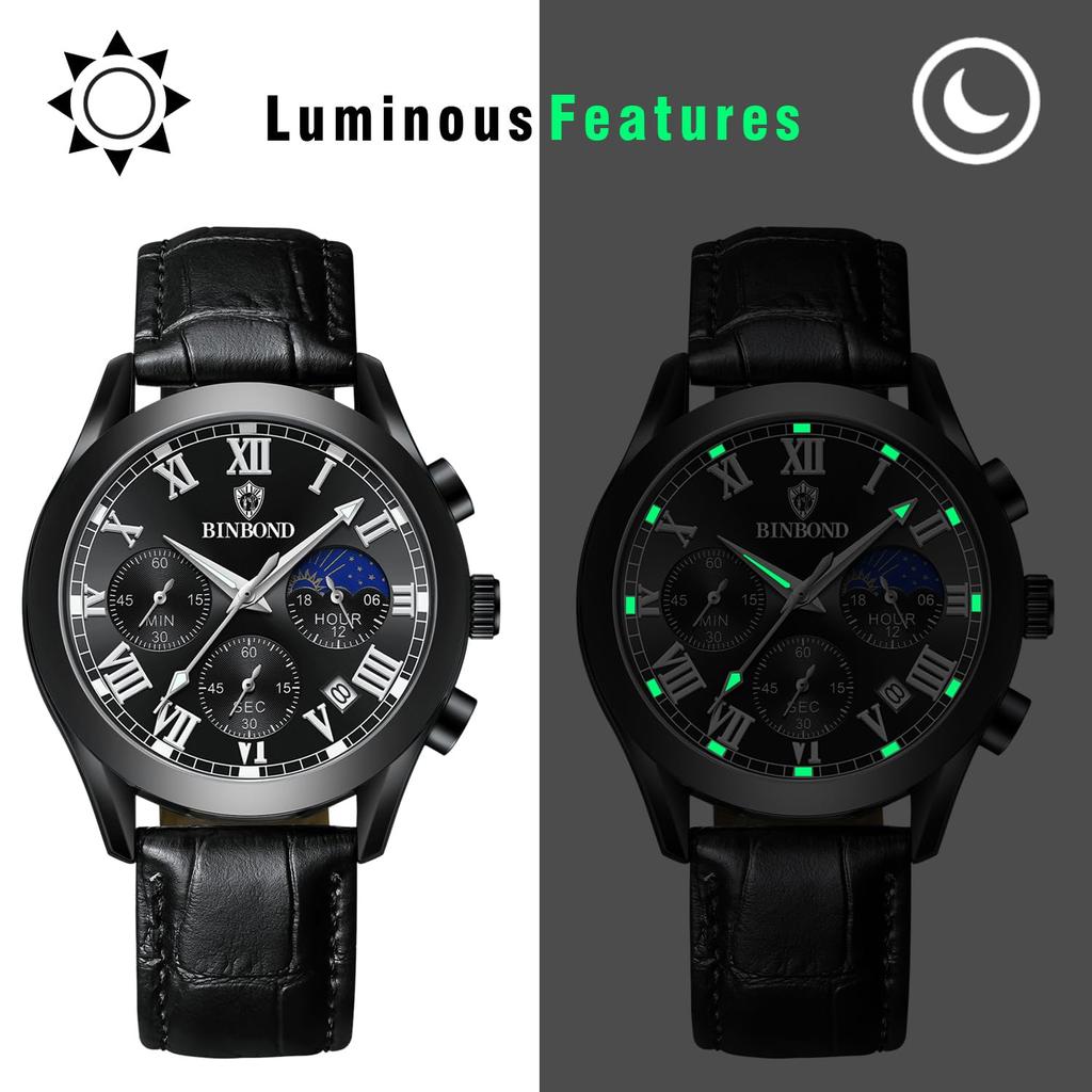 Genuine Leather Strap Calendar Roman Alphabet Luminous Analog Starry Sky Waterproof Leather Belt Simple Stylish Quartz Black Fashion Accessories