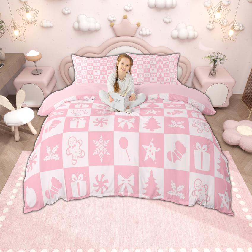 Homewish Merry Xmas Duvet Cover Set for Boys Girls, Christmas Tree Deer Bedding, Kawaii Snowman Santa Claus Quilt Cover Set