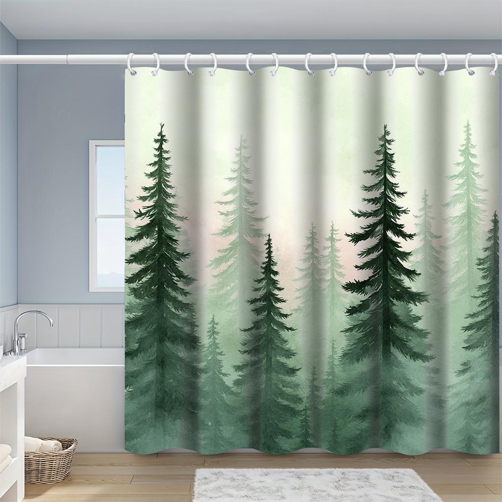 Акварельная иллюстрация туманного соснового леса Шторка для душа 1 шт. С 12 крючками Для ванной комнаты Домашний декор Полиэстер 70,8x70,8 дюйма