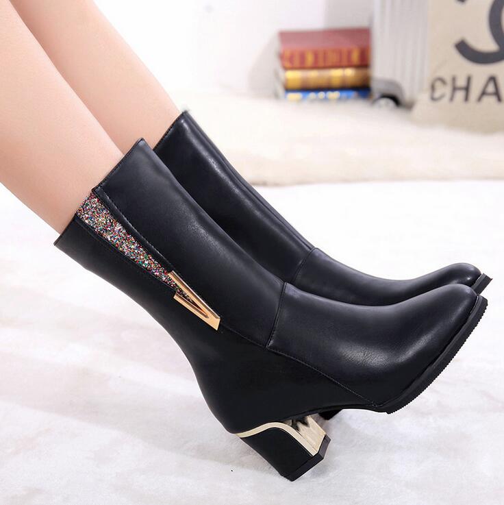 Warm Women Boots PU Leathe High Heels Autumn Shoes Woman Mid-Calf Boots Female Fashion Boots Zipper Casual Boots Mujer