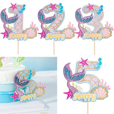Украшение для вечеринки «Русалочка» 0-9 лет, блестящий хвост русалки, украшение для торта, украшение для первого дня рождения девочки, подводные принадлежности для вечеринки