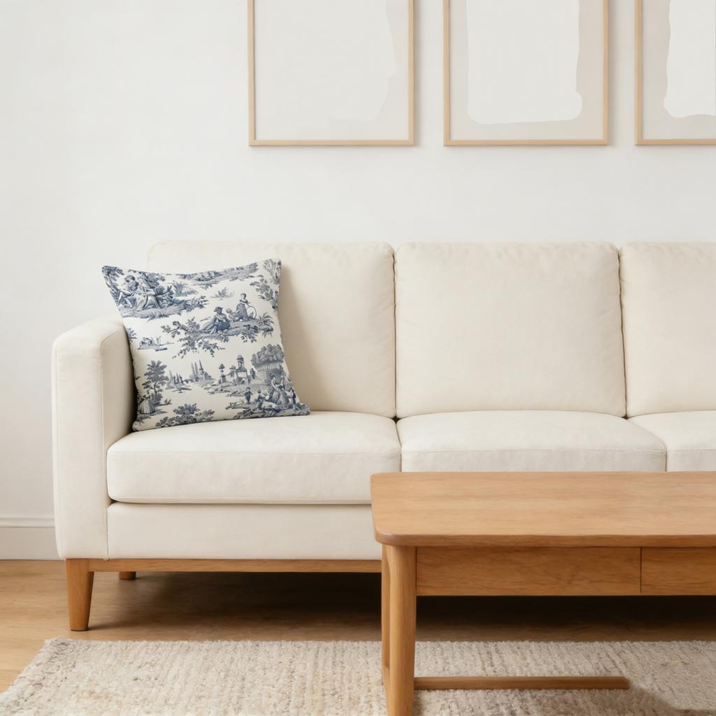 Blue Toile Pillow Covers,Navy Blue And Beige French Countries Cotton Linen Decorative Throw Pillow Case Cottage Vintage Cushion Cover For Bedroom Sofa