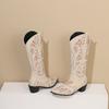 Вышивка Западные Женские Сапоги до Колена Коричневые Черные ПУ Квадратный Каблук Зимние Круглый Носок Винтажные Ковбойские Ковбойские Слипоны Длинные Сапоги