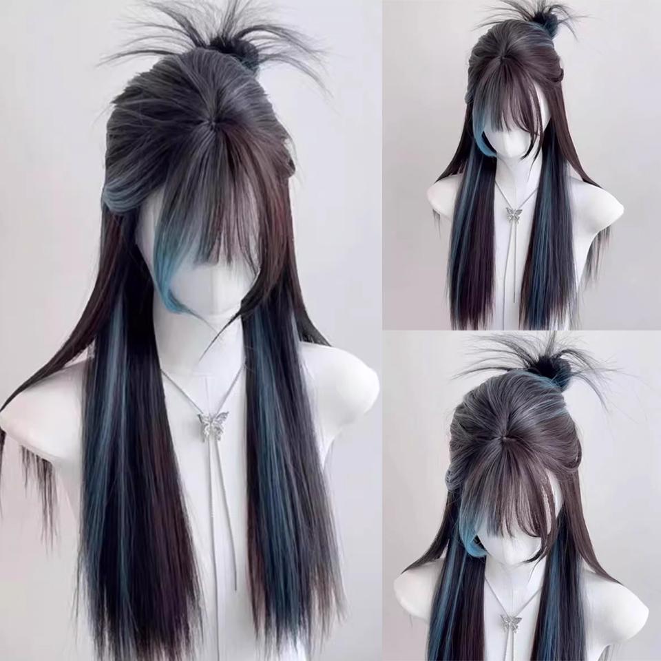 WTB Синие пряди Длинный прямой синтетический парик Женский Длинные волосы Коричневый Черный пряди Синий Пушистый Регулируемый Длинный прямой парик