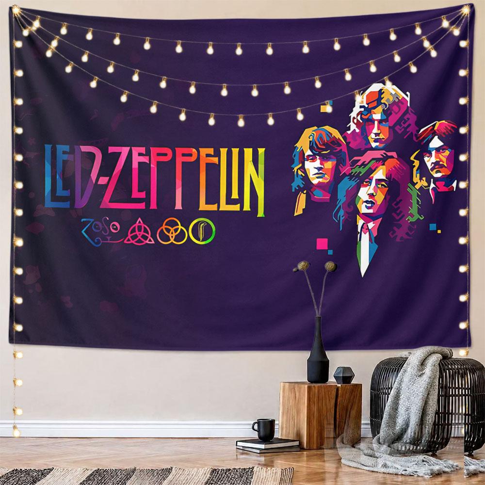 Vibrant geometric illustration of faces and text on a dark purple background. Patterned tapestry for bedroom and living room home decor