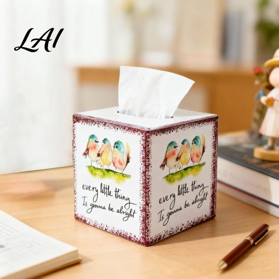 Rustic Style Tabletop Ornament Iron Art Square Tissue Box Bee And Bird Watercolor Print Smooth Extraction Case Holder Pastoral Decorative