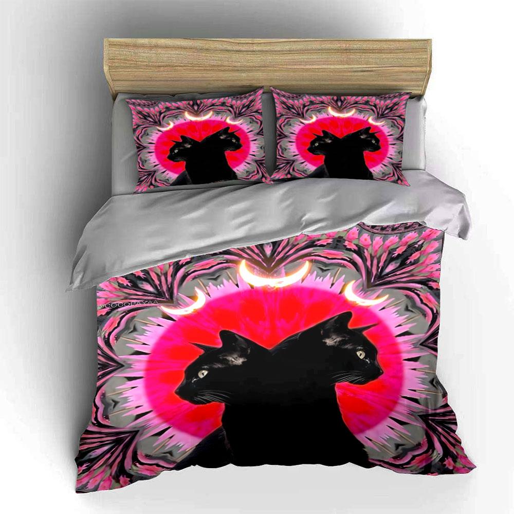 "Black Cat Moon Decor Set" Bedding Set with 1 Duvet Cover 2 Pillowcases Single Double King Queen, Gift