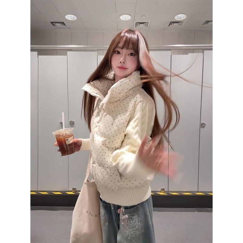 Winter fashion gentle and sweet polka dot splicing knitted warm cotton clothes women's short warm bread clothes jacket