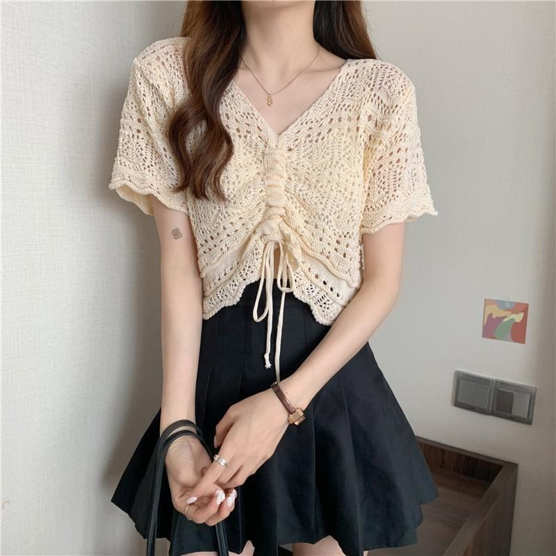 Chic Hollow Drawstring Knitted Sweater Women's Spring and Summer Small Sweet and Spicy Design Sense V-neck Lace-up Short Top