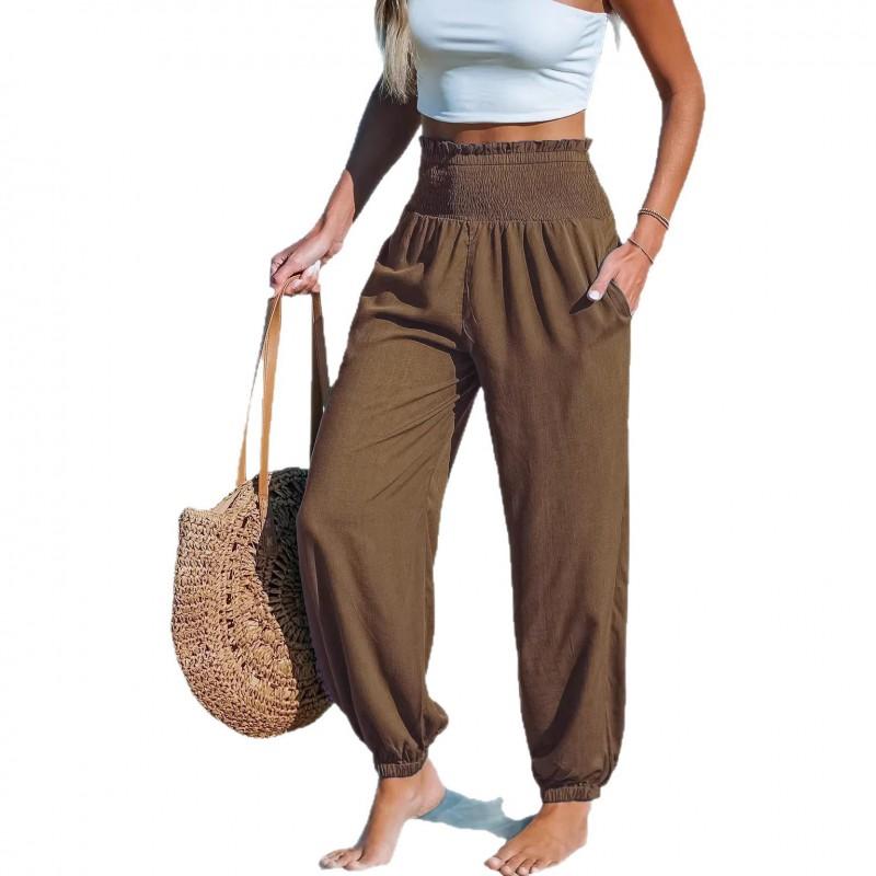 2026 High Waist Elastic Lantern Pants Women Solid Loose Cuffed Casual Long Beach Trousers