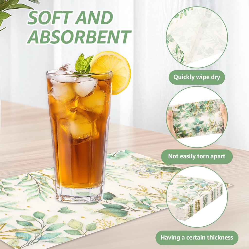 100Pcs Eucalyptus Leaf Printed Paper Napkins Wedding Banquet Party Guest Paper Towel Hotel Western Restaurant Table Decoration