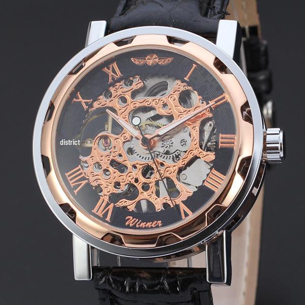 T-WINNER Gear Bezel Mechanical Watch with Hollow Dial & Leather Strap for Men and Women